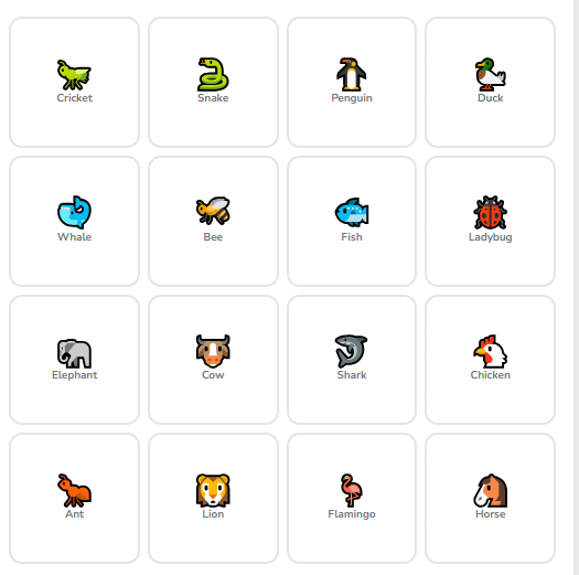 A grid of Animal Emoji from the game Animal Connections