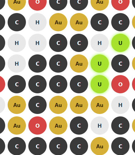 An array of circles labeled with atomic symbols for playing the game Chain Reaction: Carbon Chemistry